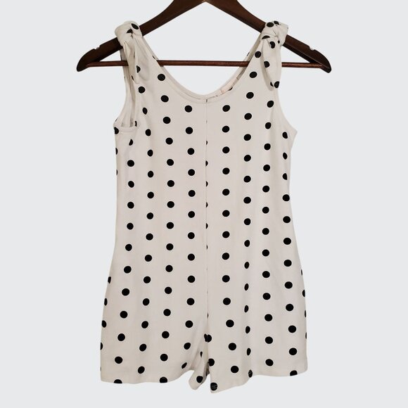 EUC GB Girls White Black Polka Dot Romper Pockets Tie Shoulder Accent Medium - Picture 1 of 9